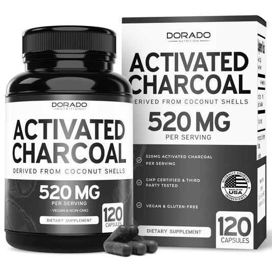 Bottle of Organic Activated Charcoal Pills – 120 capsules, USA made