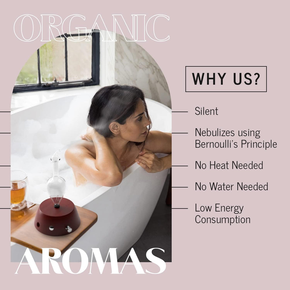 Organic Aromas Elegance diffuser wood-handle detail emphasizes BPA-free, natural materials.