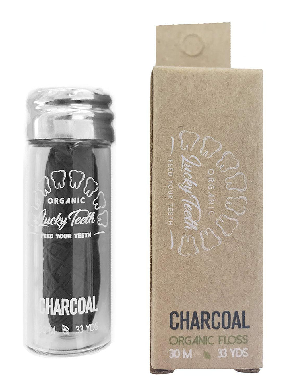 Organic Bamboo Charcoal Floss in a glass jar with Tea Tree and Peppermint oils – 30 m / 33 yds