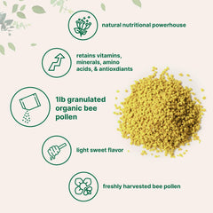 Organic bee pollen granules on packaging
