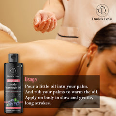 Spa setup with massage oil on a wooden surface