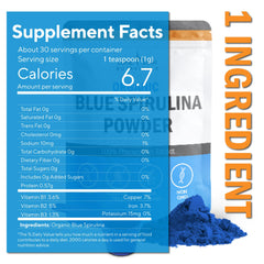Blue spirulina powder poured from scoop