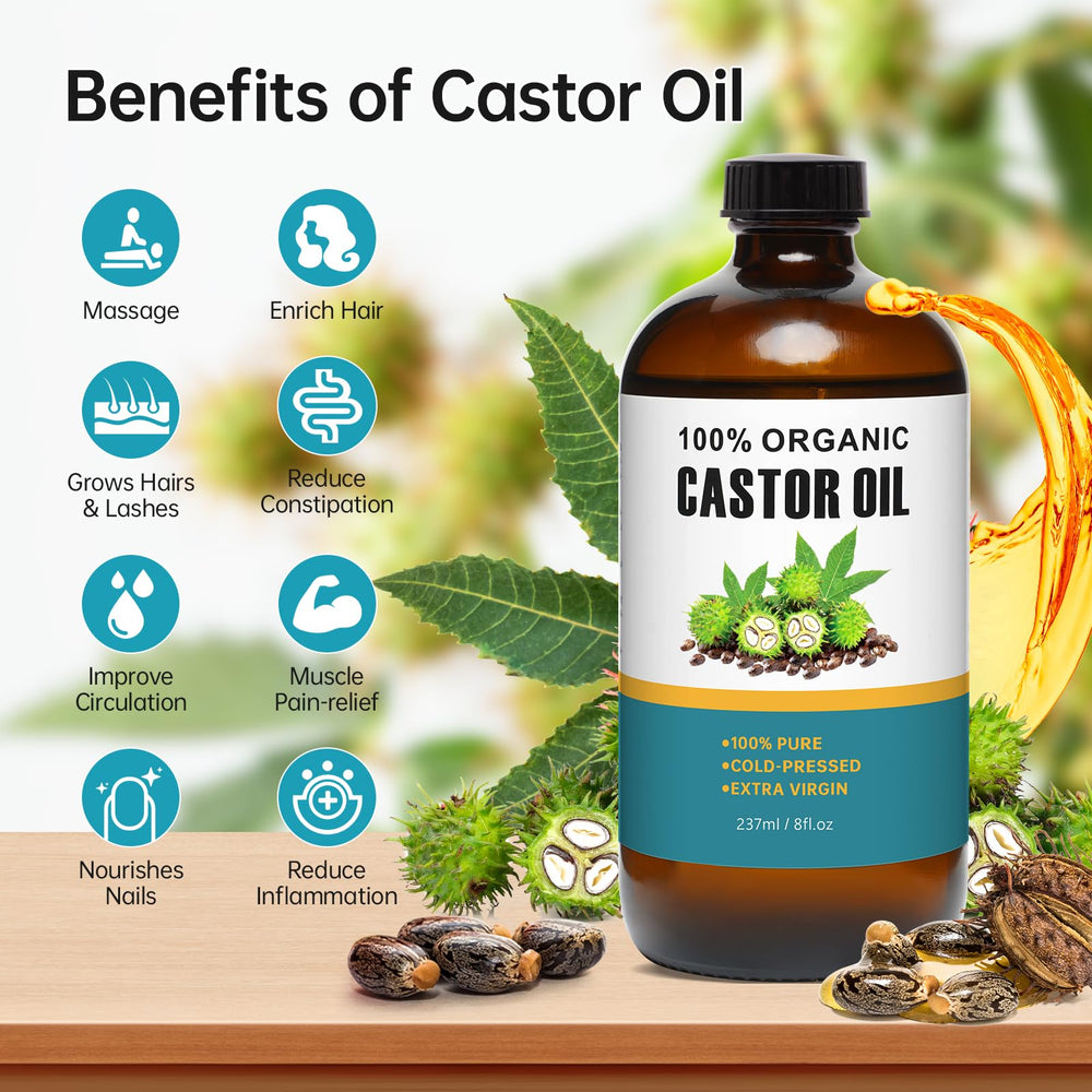 8 oz organic cold-pressed hexane-free castor oil in amber glass bottle