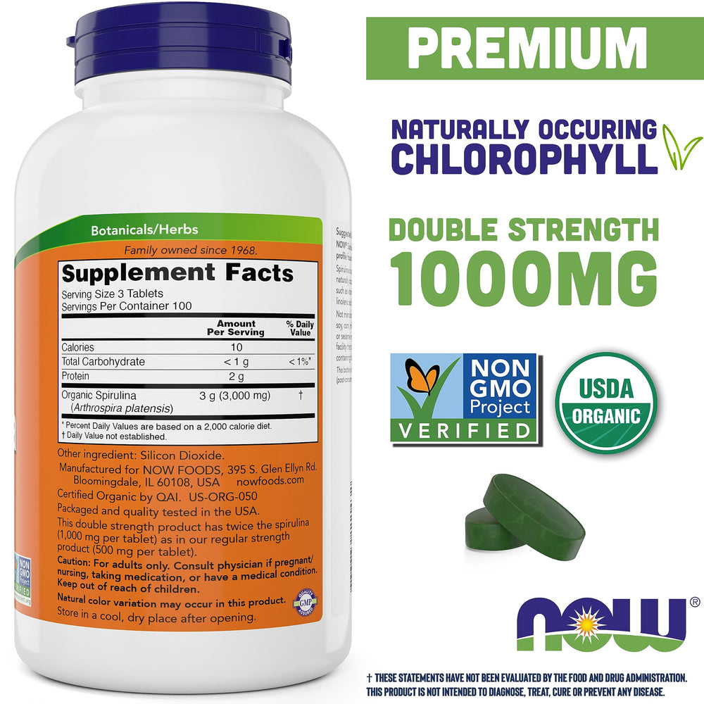 Certified organic spirulina 1000mg tablets label