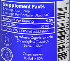 Ingredients and label for organic clove oil