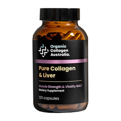 Front view of Organic Collagen Australia Pure Collagen & Liver Capsules bottle