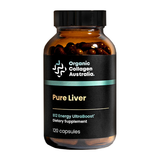 Bottle of Organic Collagen Australia Pure Liver Capsules on white background
