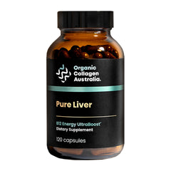 Bottle of Organic Collagen Australia Pure Liver Capsules on white background