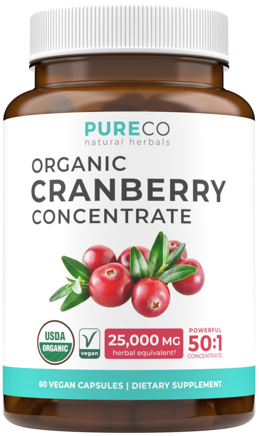 Organic cranberry pills with 50:1 concentrate and 25,000mg per capsule