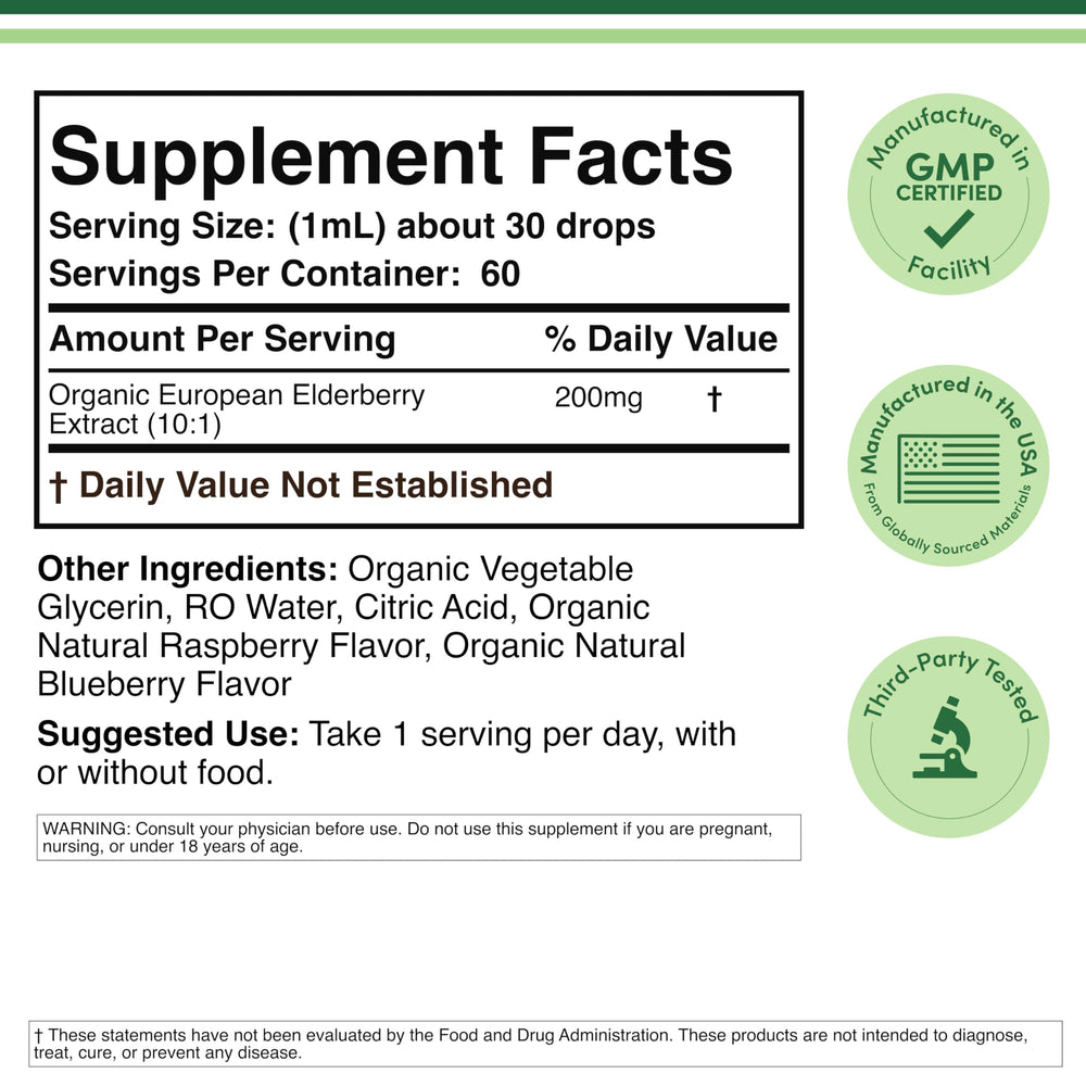 Close-up of Organic Elderberry Liquid bottle label
