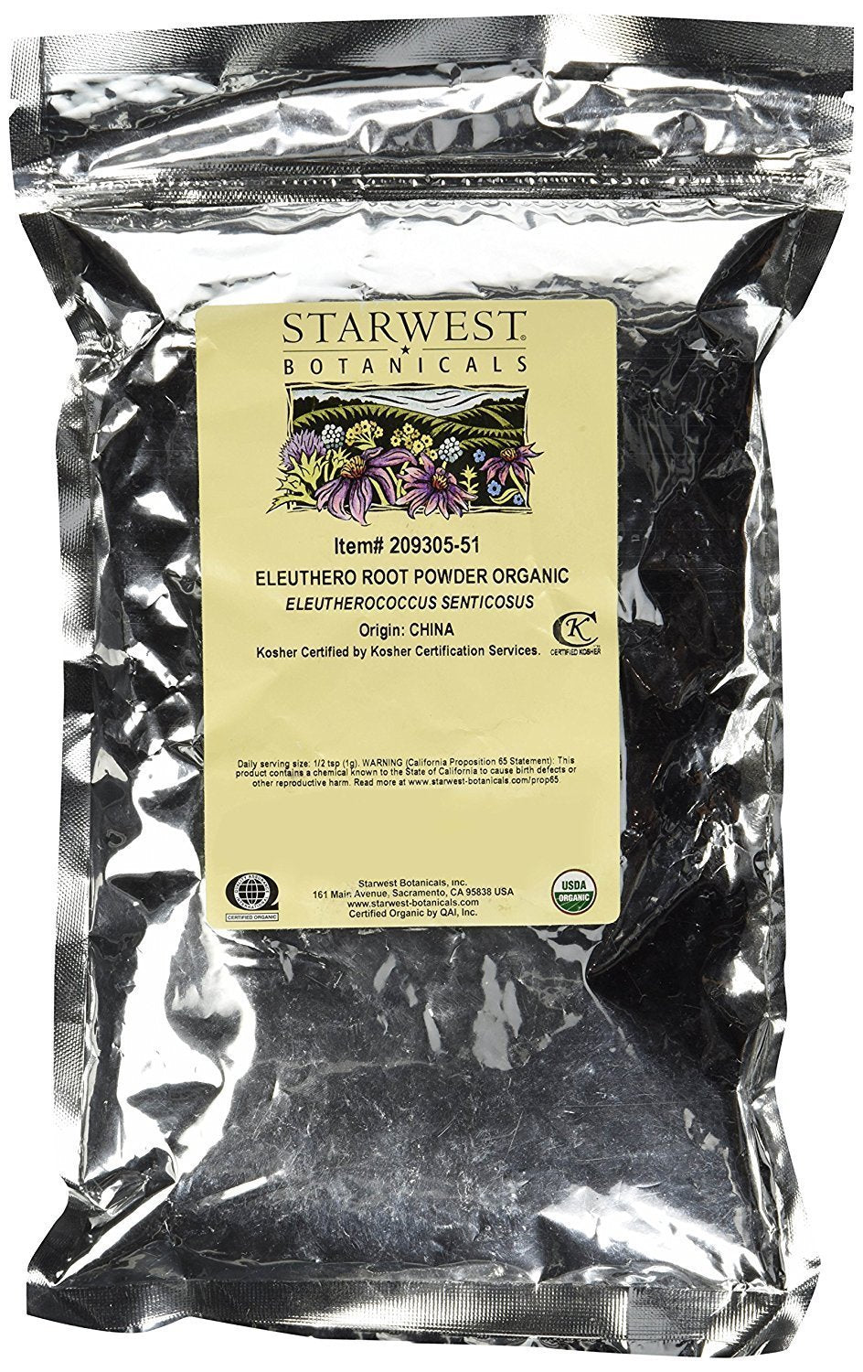 Organic Eleuthero Root Powder 1lb packaging label