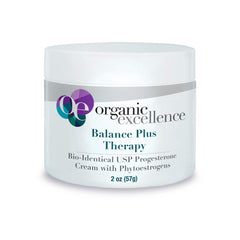Organic Excellence Balance Plus Therapy bottle shows natural estrogen support for daily balance.