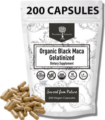 Front view of Organic Gelatinized Black Maca 200 capsules bottle