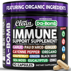 Organic immune support ingredients: pau d'arco, garlic, cayenne, oregano, ginger, sea moss