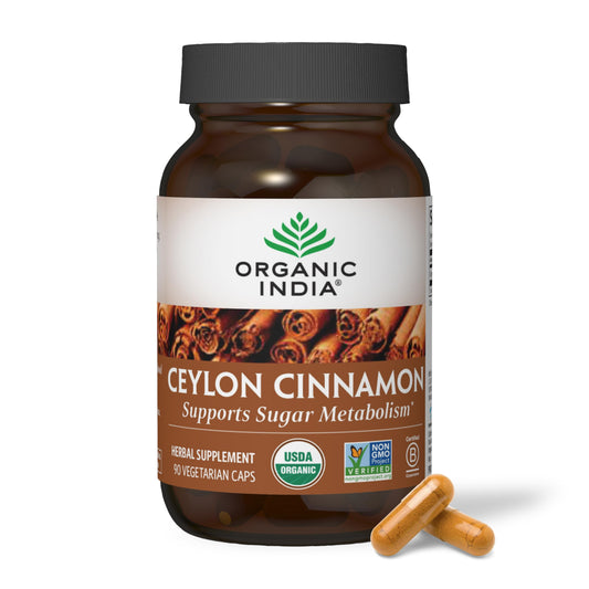 Bottle of Organic India Ceylon Cinnamon supplement front view
