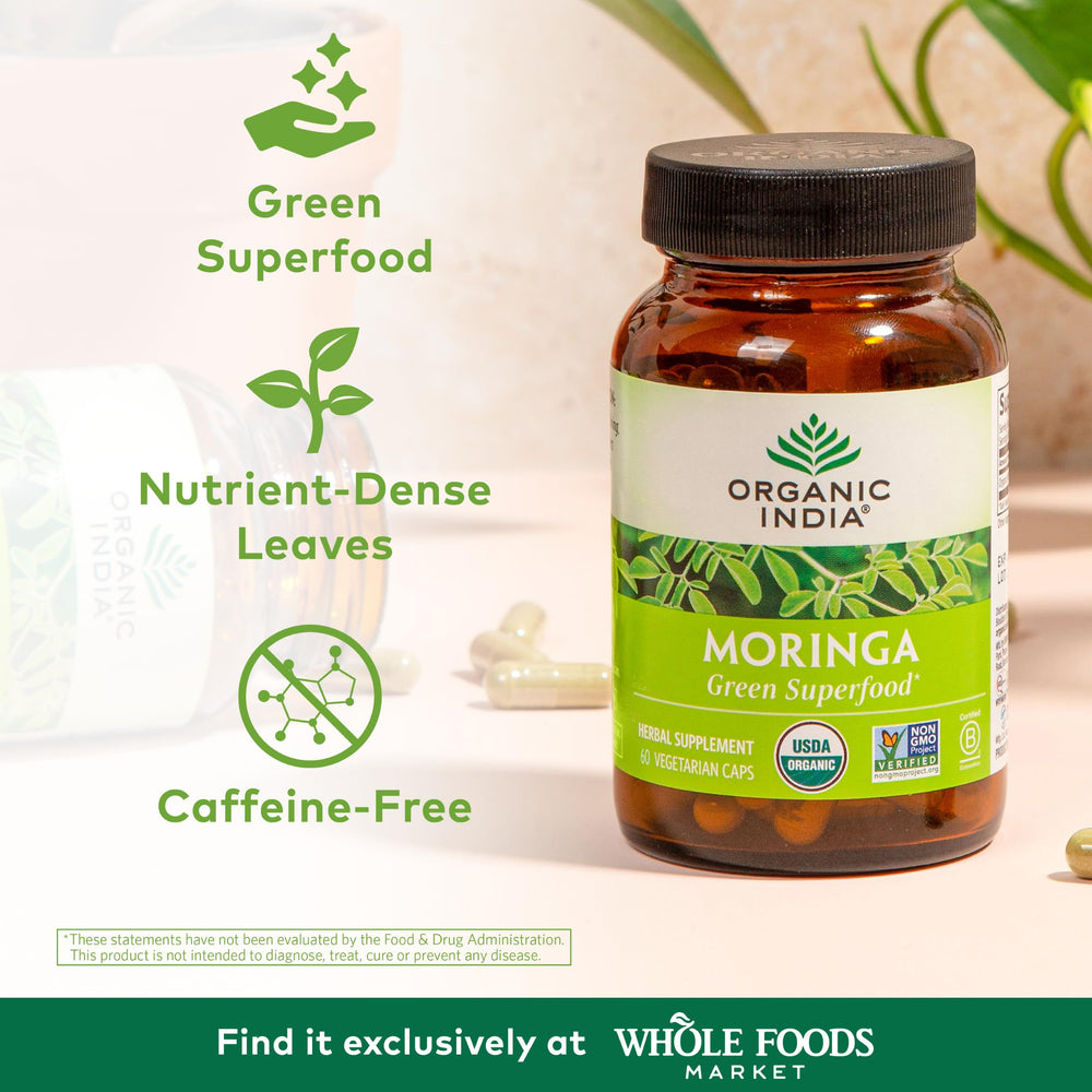 Close-up of Organic India Moringa Capsules label