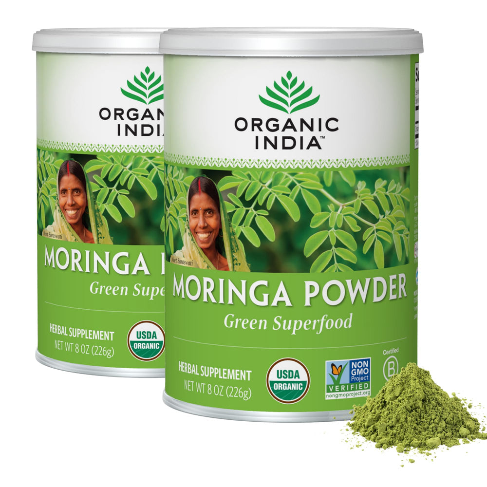 Organic India Moringa Powder packaging front shows vibrant greens for daily use.