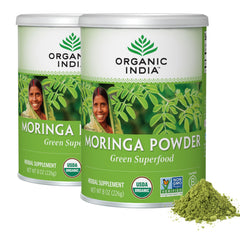 Organic India Moringa Powder packaging front shows vibrant greens for daily use.