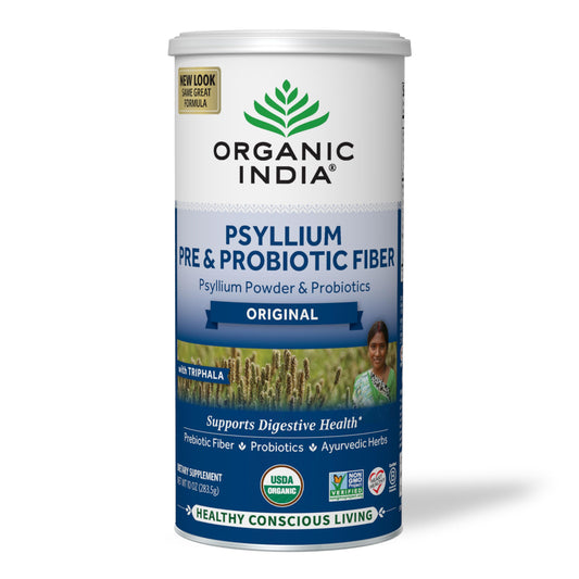Front view of ORGANIC INDIA Psyllium Husk Powder 10 oz jar