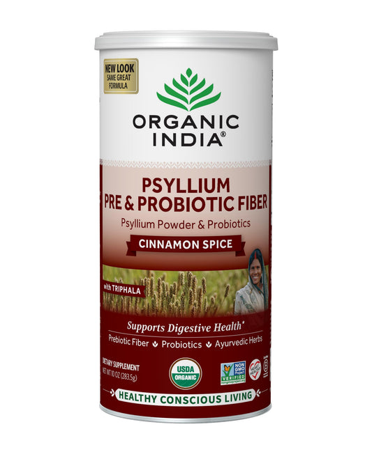 Front of ORGANIC INDIA Psyllium Husk Powder Cinnamon 10 oz packaging