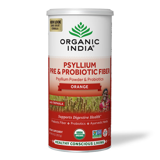 Organic India Psyllium Husk Powder orange flavor 10 oz front view