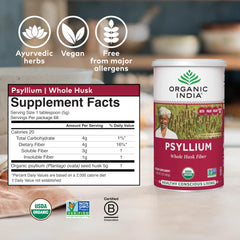 Back view of Organic India Psyllium Whole Husk 12 oz packaging