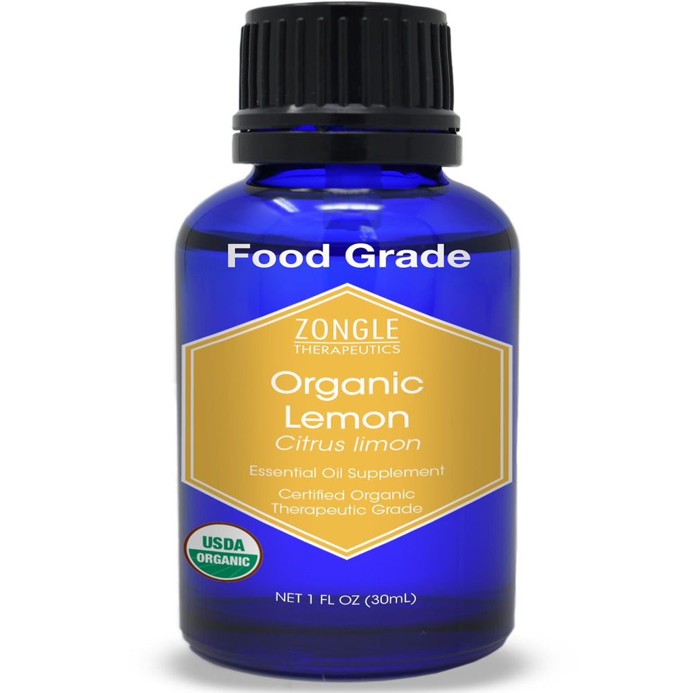 Organic lemon essential oil bottle labeled Zongle Therapeutics - 1 oz