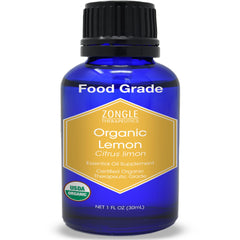 Organic lemon essential oil bottle labeled Zongle Therapeutics - 1 oz