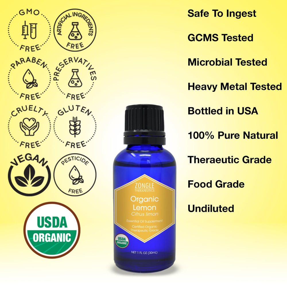Front view of organic lemon essential oil bottle with label