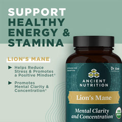 Front view of bottle labeled Organic Lion's Mane with Ashwagandha