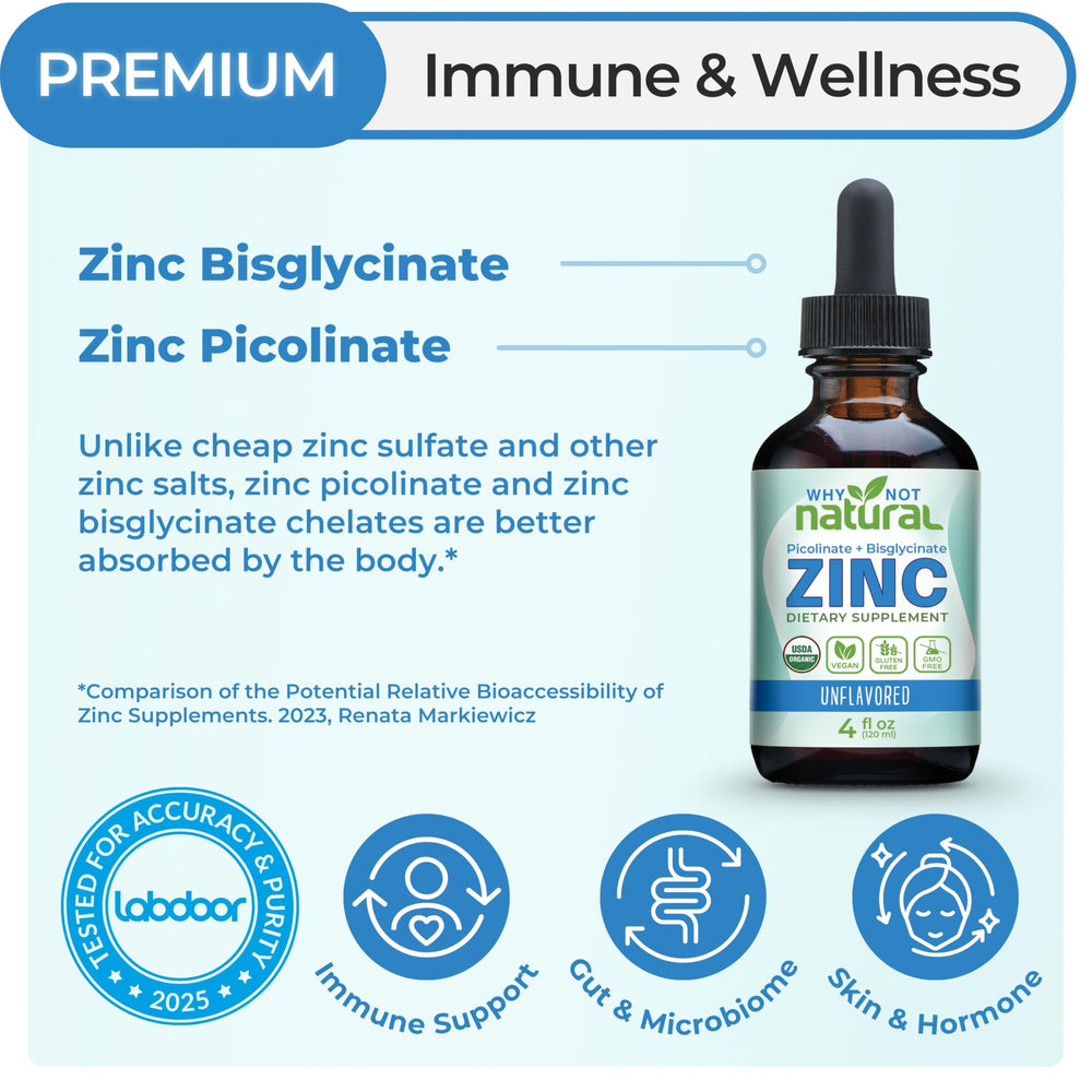 Box and bottle of vegan organic zinc drops with ingredients list