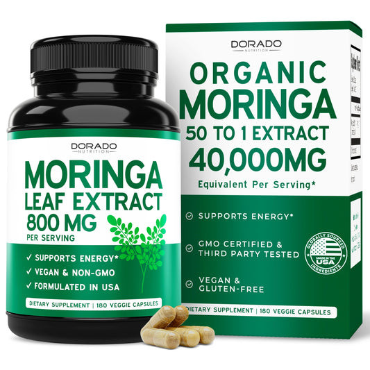 Organic Moringa Capsules bottle with label on white background