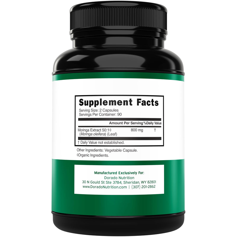 Close-up of Moringa leaf extract capsule showing 800mg per serving