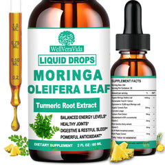 Bottle of Organic Moringa Liquid Drops with turmeric and black pepper