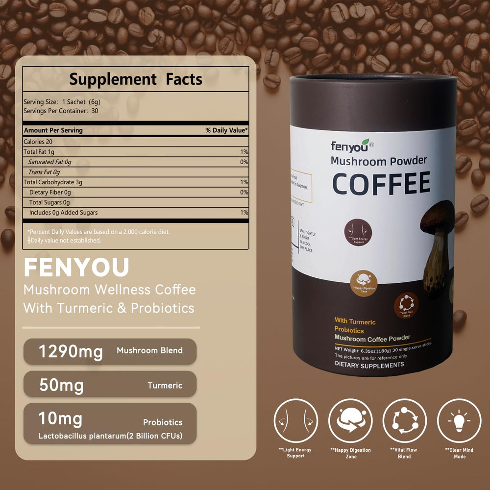 Box and sachets arranged for Organic Mushroom Coffee