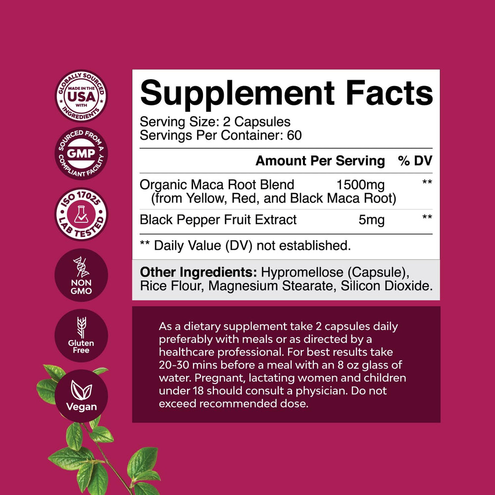 Non-GMO Organic Maca Capsules for Women - 120 count