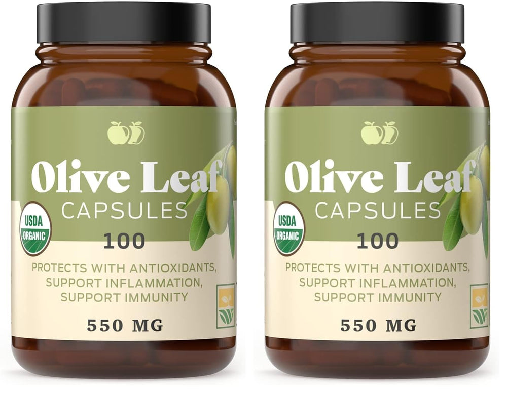 Organic Olive Leaf Capsules bottle front – 550mg, pack of 2