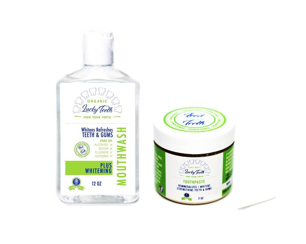 Organic Oral Care Pack hero image showing a food-grade peroxide whitening mouthwash and remineralizing toothpaste by Lucky Teeth.