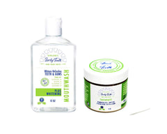 Organic Oral Care Pack hero image showing a food-grade peroxide whitening mouthwash and remineralizing toothpaste by Lucky Teeth.