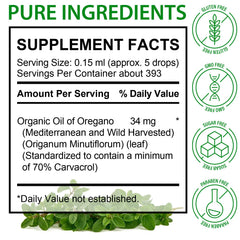 Label showing organic oregano oil drops with carvacrol information