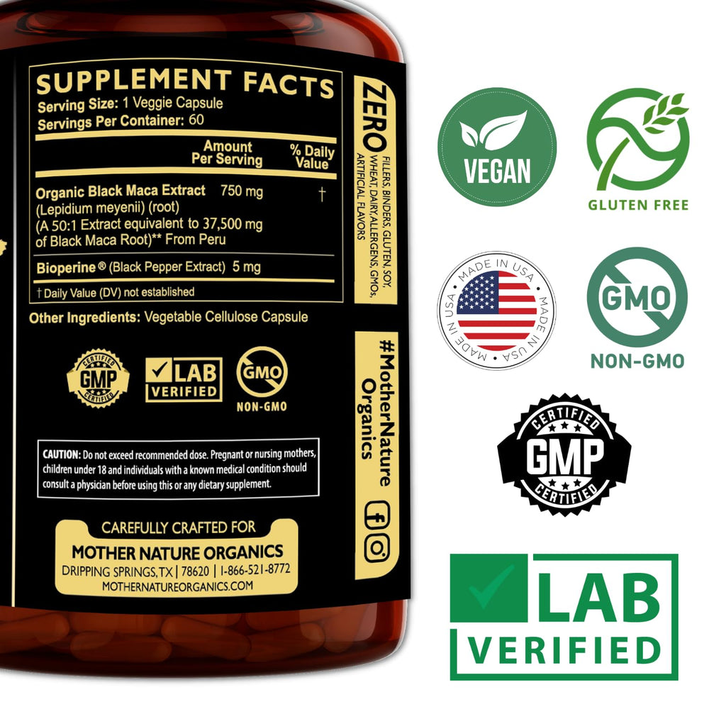 Organic Peruvian Black Maca root capsules, 60-count jar