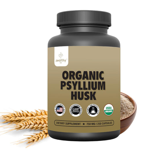 Bottle of Organic Psyllium Husk Capsules 750 mg (Zealthy Life) 250-count