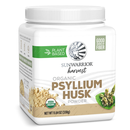 Organic psyllium husk powder in a jar labeled 11.6 oz
