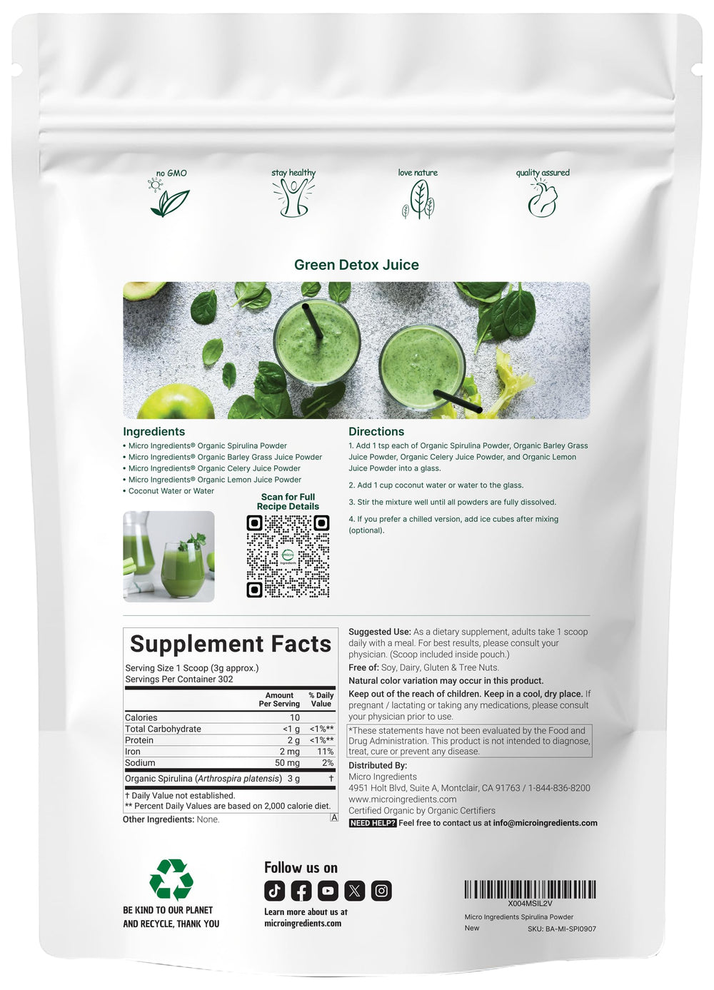 Organic Spirulina Powder 2lbs back nutrition label