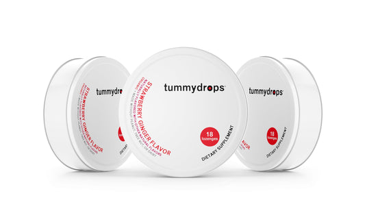 Front view of Organic Fresh Strawberry Ginger Tummydrops Pack of 3 Tins