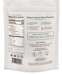 Back view of Organic Traditions Wheat Grass Powder 150g bag with label