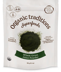 Front view of Organic Traditions Wheat Grass Powder 150g bag