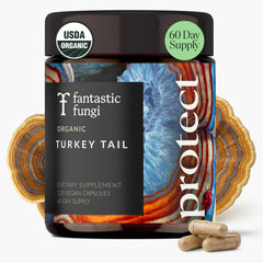 Organic turkey tail mushroom capsules in a glass jar (120 caps)