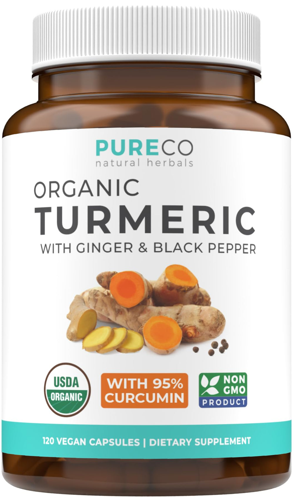 Organic Turmeric Ginger Black Pepper supplement bottle front view