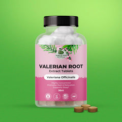 Close-up of organic valerian root tablets